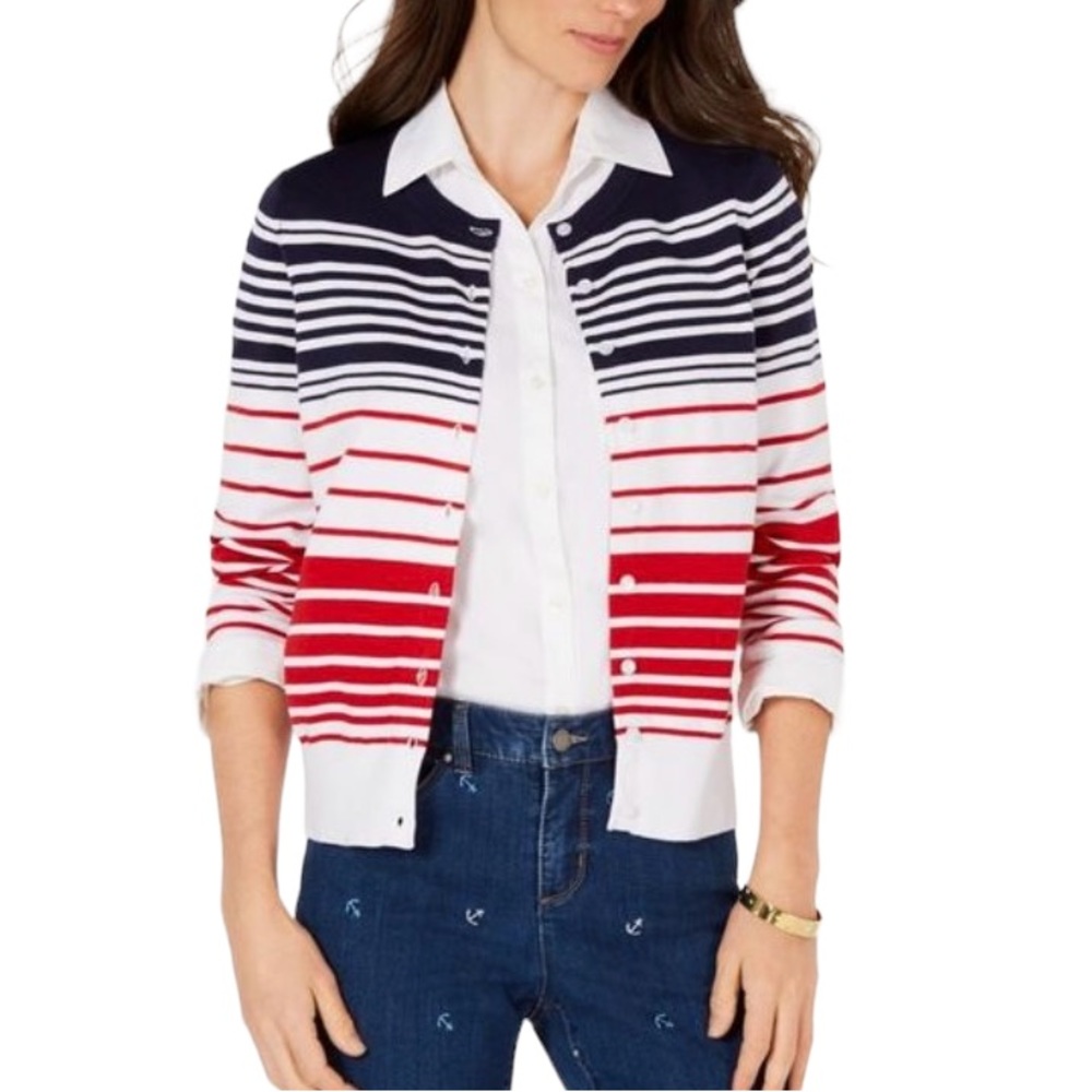 CHARTER CLUB: NWT Women's Striped Red, White, Blue Cardigan - Size Large - Picture 1 of 9